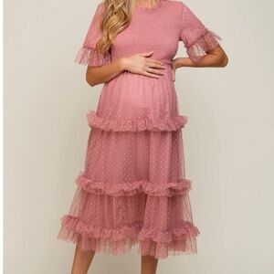 Pink Polka Dot Tulle Smocked Maternity Dress